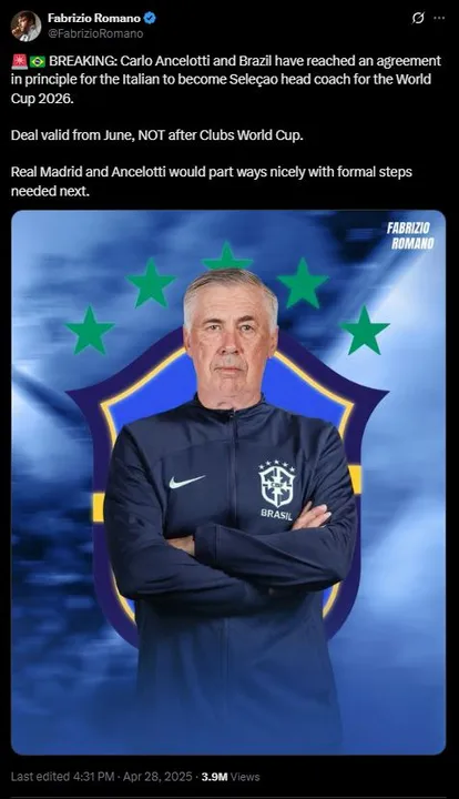 Fabrizio Romano, jornalista italiano, crava acerto de Ancelotti com o Brasil para junho deste ano