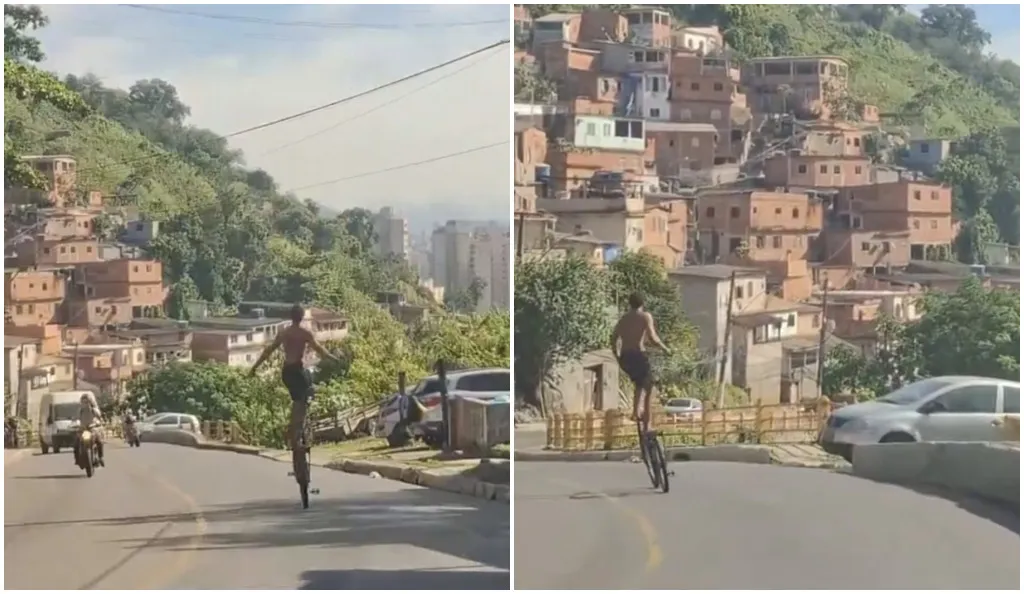 O vídeo, que viralizou nas redes sociais, mostra o momento em que o rapaz se arrisca nas curvas da descida