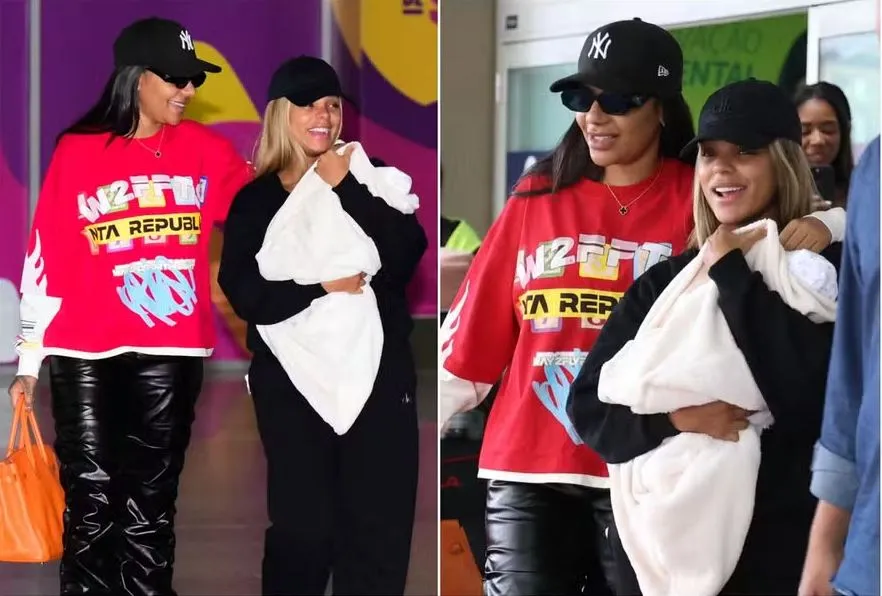 Ludmilla e Brunna Gonçalves desembarcaram no Aeroporto do Galeão com a filha Zuri, nesta sexta (30)