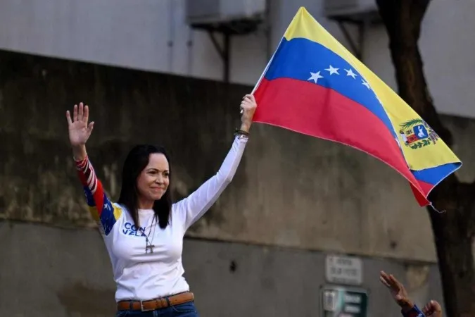 María Corina Machado, durante o ato contra Nicolas Maduro.