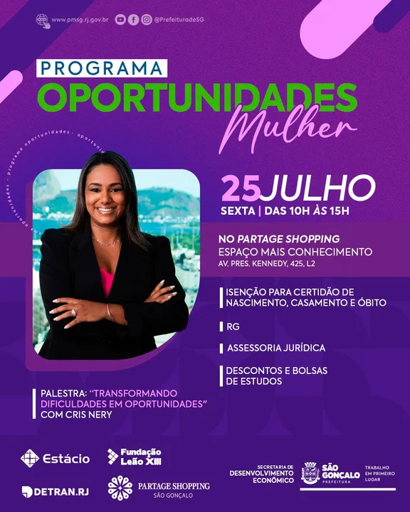 Além das vagas de emprego, serão oferecidos também, neste dia, serviços incluindo assessoria jurídica e fisioterapia voltados para o público feminino e uma palestra