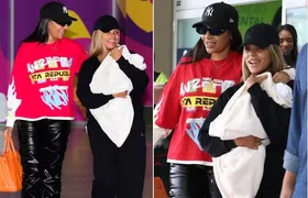 Ludmilla e Brunna Gonçalves chegam ao Brasil com a pequena Zuri, primeira filha do casal