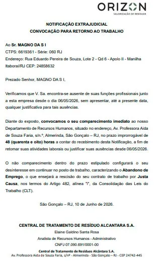 Convocação para retorno ao trabalho - Orizon