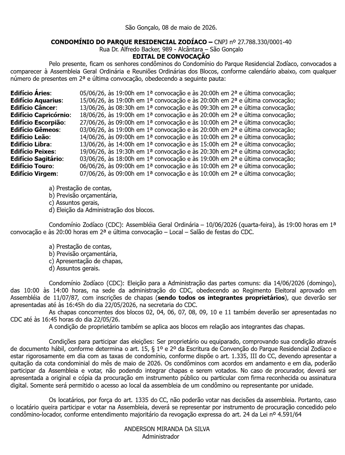 EDITAL DE CONVOCAÇÃO - CONDOMÍNIO DO PARQUE RESIDENCIAL ZODÍACO