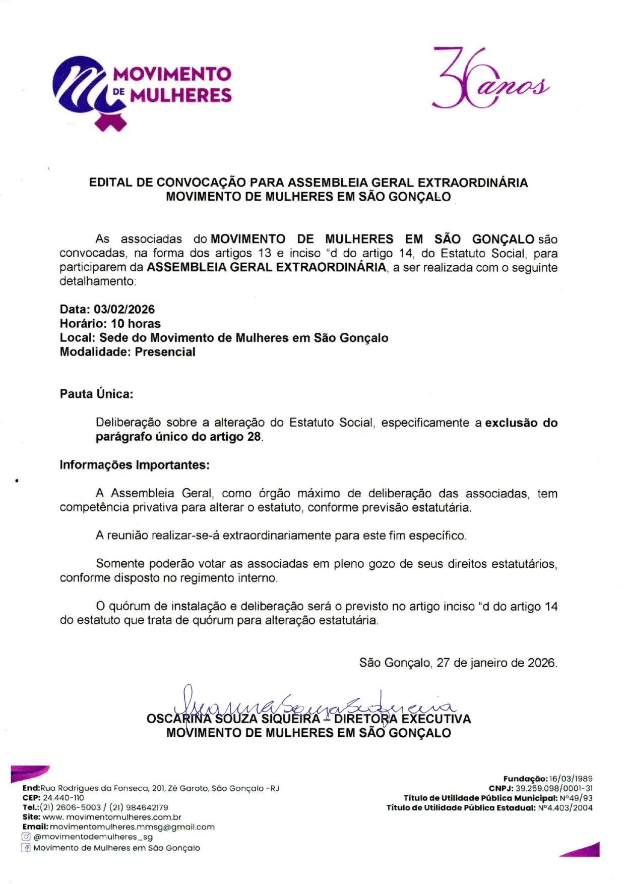 Edital de Convocação para Assembleia Geral Extraordinária - Movimento de Mulheres em São Gonçalo