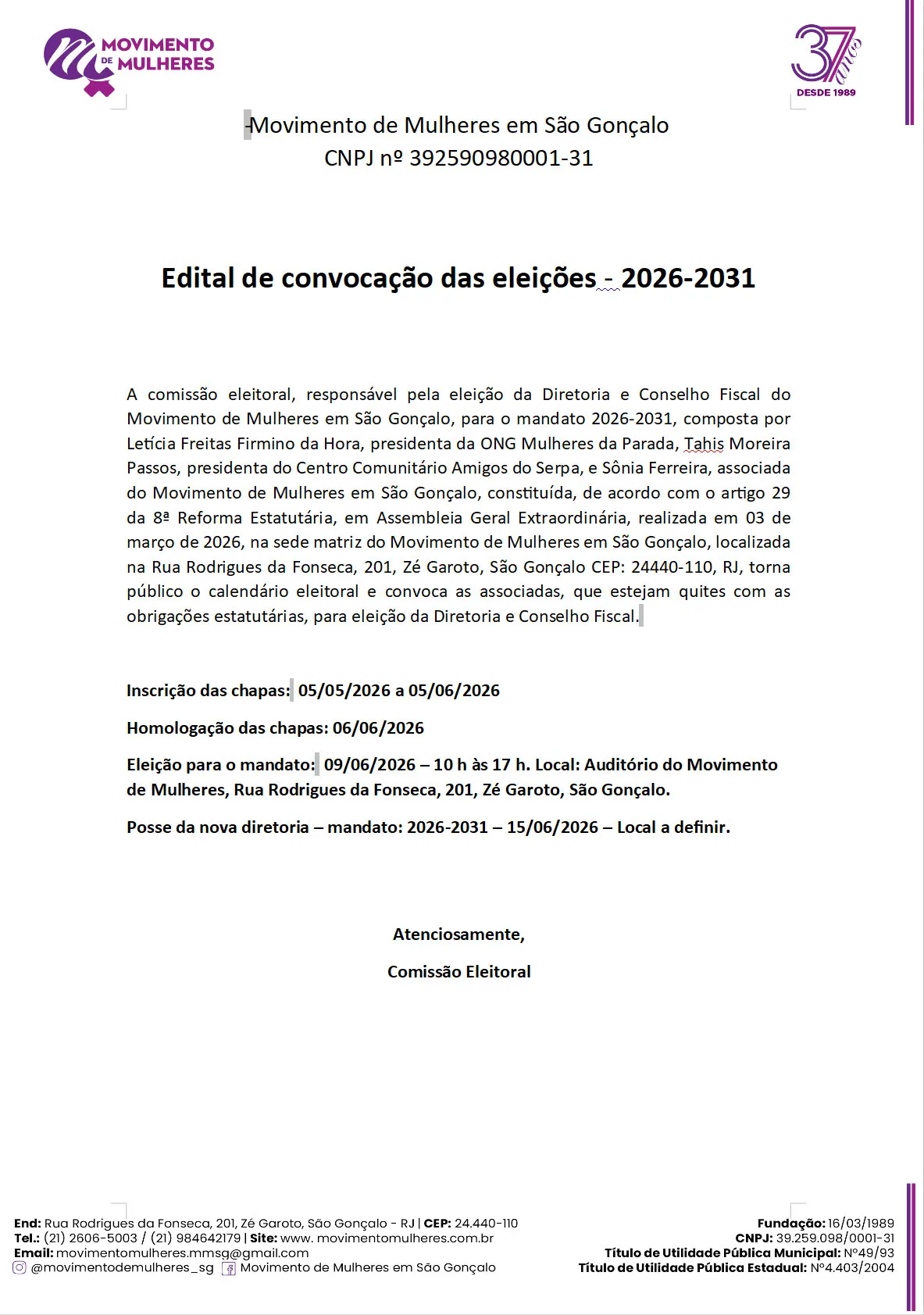 Edital de convocação das eleições - 2026-2031