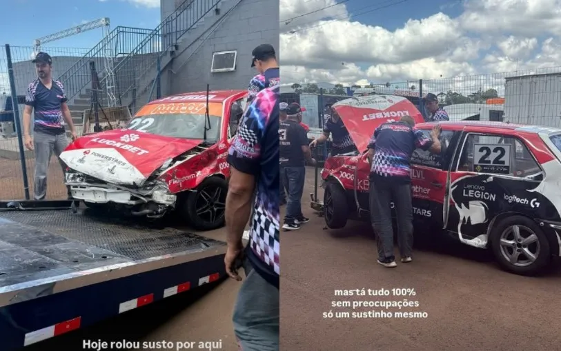 Carro de Caio Castro com a dianteira bem amassada após a batida