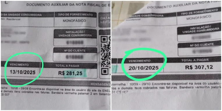 As duas contas chegaram no mês de outubro