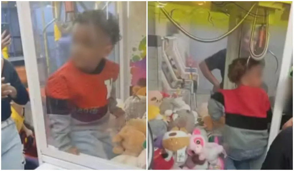 A criança que ficou presa em máquina de pelúcias foi retirada sem ferimentos