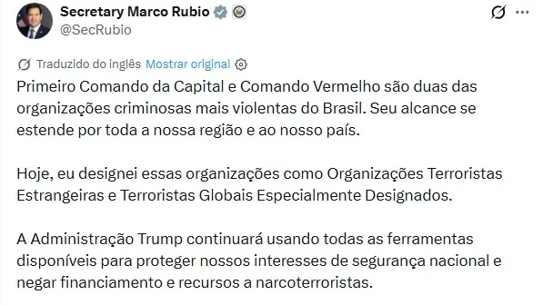 Assinado pelo secretário Marco Rubio, o comunicado diz ainda que os EUA pretendem classificar as duas facções como Organizações Terroristas Estrangeiras a partir de 5 de junho