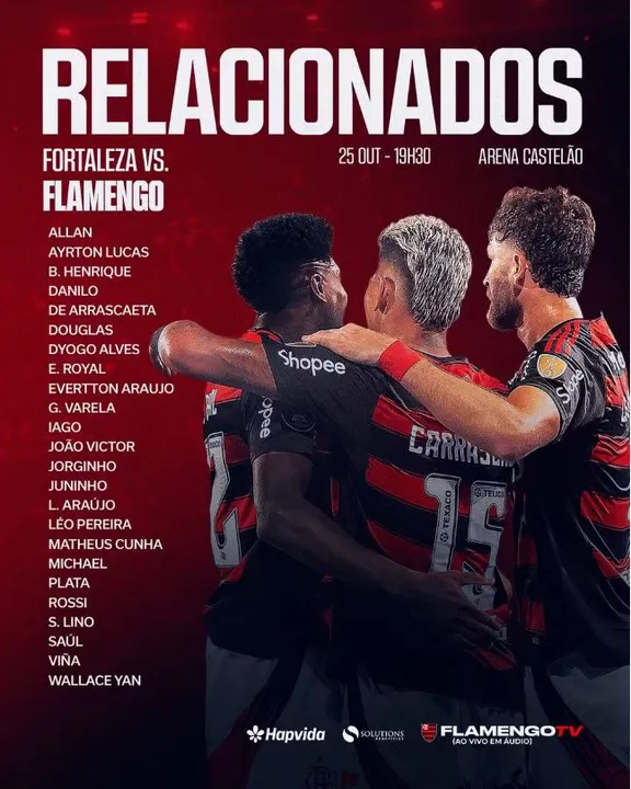 Flamengo viaja para Fortaleza com sete desfalques