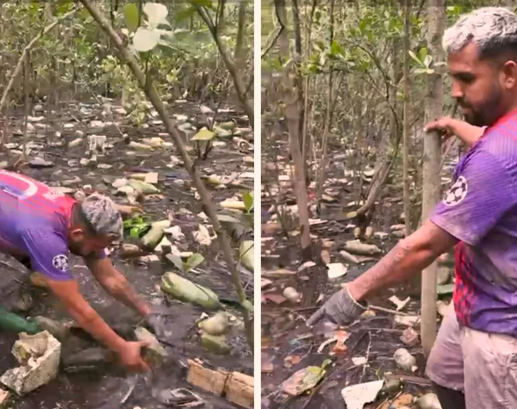 O influenciador afirma que foi ao local após receber uma denúncia sobre a quantidade de lixo no mangue