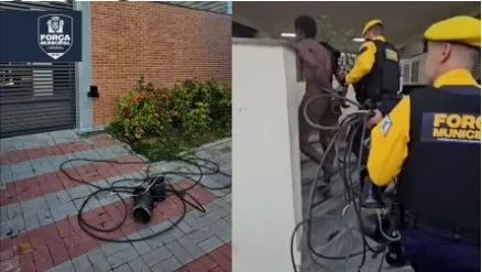 Os agentes da Força Municipal realizavam patrulhamento de rotina quando avistaram o homem tentando remover os cabos de energia