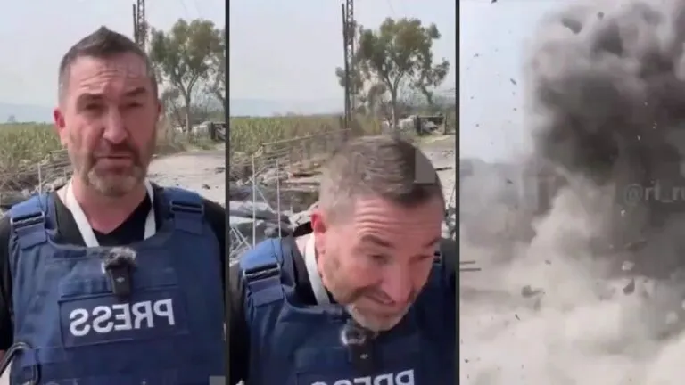 Momento em que míssil cai a poucos metros de repórter