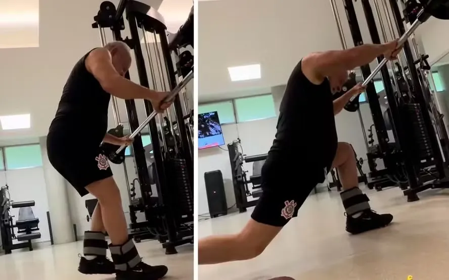 O presidente Lula aparece treinando pernas na academia