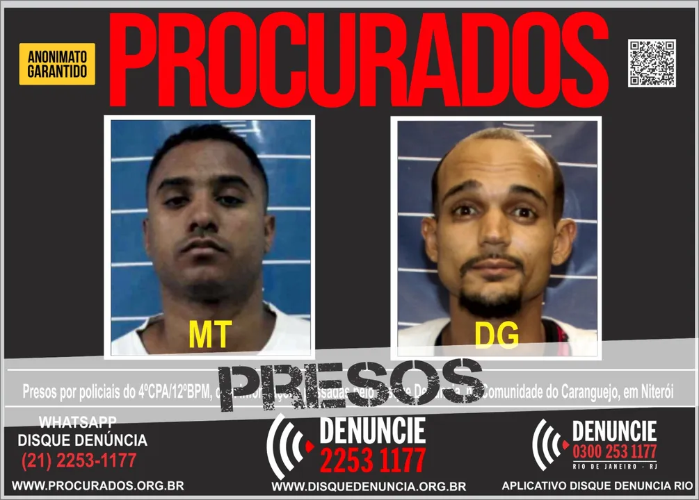 'MT' e 'DG' foram presos na comunidadade do Carangueijo, em Pendotiba, Niterói