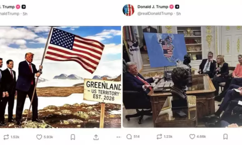 Na montagem, Trump aparece em uma paisagem ártica ficando aterrando a bandeira dos Estados Unidos, ao lado do vice-presidente J.D. Vance e do secretário de Estado, Marco Rubio