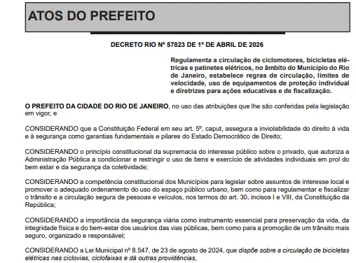 Foi publicado no Diário Oficial, nesta segunda-feira (6), um decreto que estabelece as normas para a circulação de ciclomotores, bicicletas elétricas e patinetes elétricos