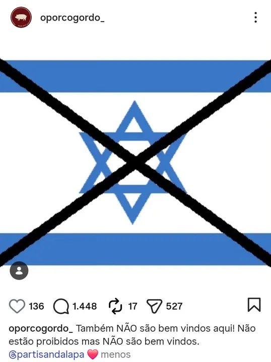 Após publicação da bandeira de Israel marcada com um 'X', o restaurante sofreu críticas e está sendo acusado de xenofobia e antissemitismo