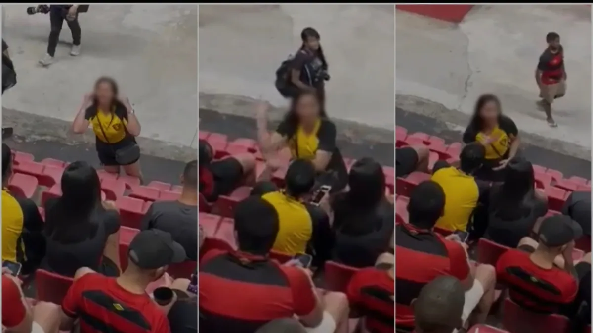 O vídeo mostra o momento em que a esposa, que é torcedora do Sport, vai de encontro ao companheiro