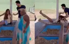 Nicole Bahls leva cabeçada de vaca, é arremessada e cai em bebedouro, em Itaboraí (veja o vídeo)