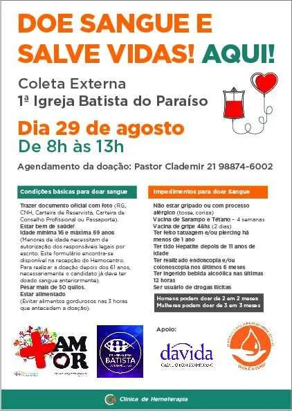 Interessados deverão se dirigir a 1ª Igreja Batista do Paraíso