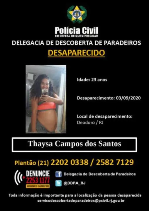 Polícia Civil procura informações do desaparecimento de Thaysa Campos dos Santos, grávida de oito meses 
