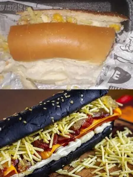 Temos a foto do cachorro-quente gourmet (abaixo) e temos a foto do cachorro-quente entregue (em cima)
