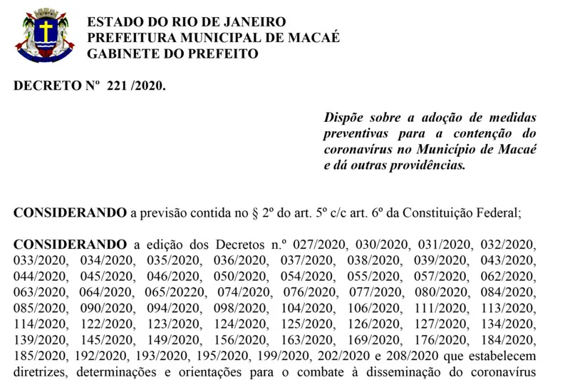 A determinação está no decreto 221/2020, assinado nesta sexta-feira (18 de dezembro) pelo prefeito, Dr. Aluizio, e já em vigor