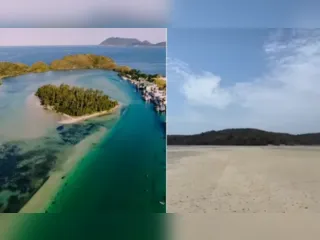 Água recua e Ilha do Japonês, em Cabo Frio, fica irreconhecível