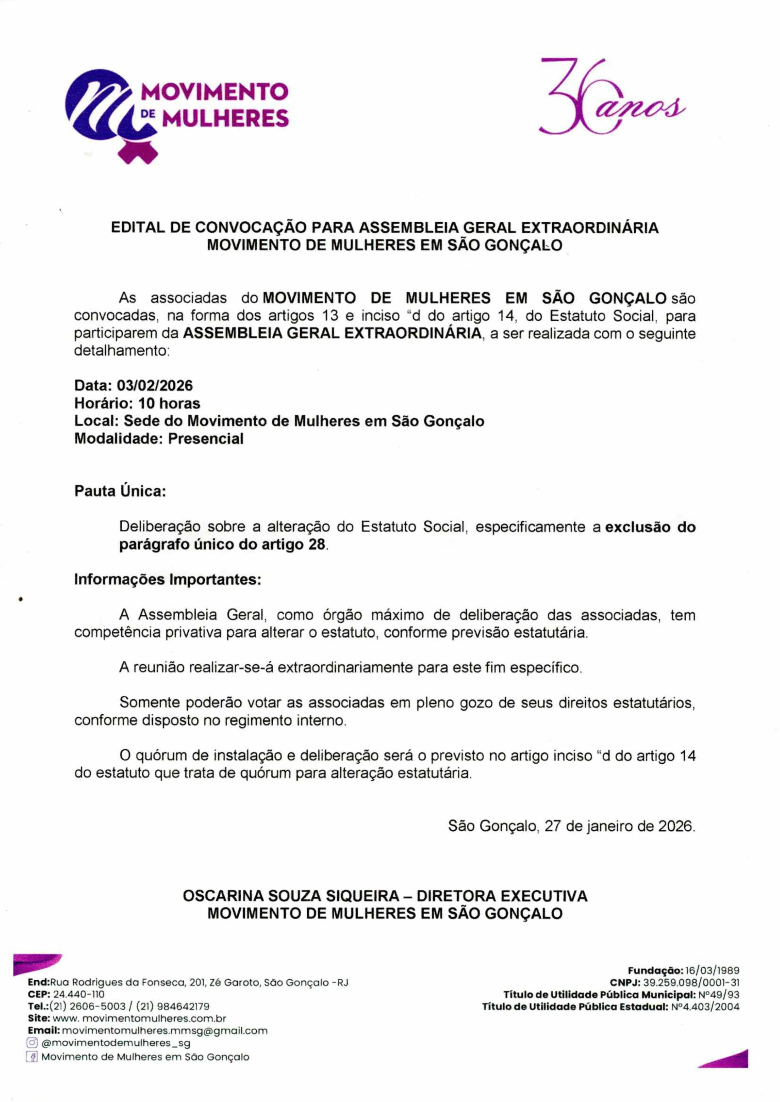Edital de Convocação para Assembleia Geral Extraordinária - Movimento de Mulheres em São Gonçalo