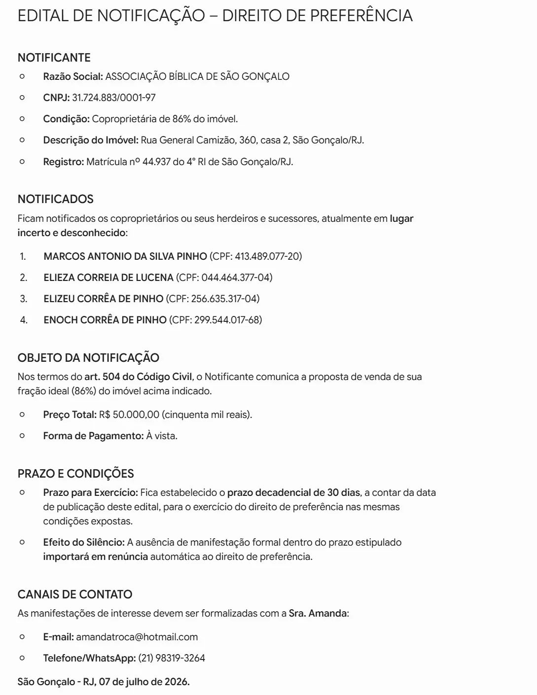 Edital de notificação - Associação Bíblica de São Gonçalo