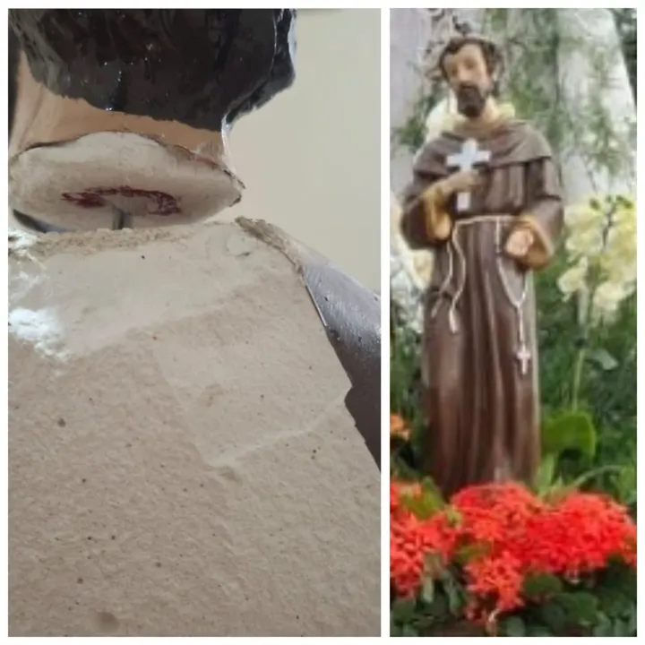 A imagem de São Francisco foi quebrada na base, teve a cabeça removida e outras partes danificadas