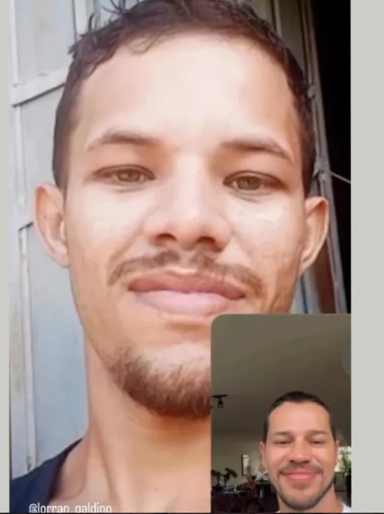 Lorran Galdino, que está na imagem maior, conversa como o ator (no detalhe) por meio de uma ligação via ceuluar