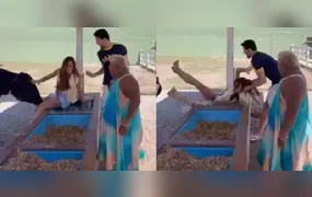 Nicole Bahls leva cabeçada de vaca, é arremessada e cai em bebedouro, em Itaboraí (veja o vídeo)