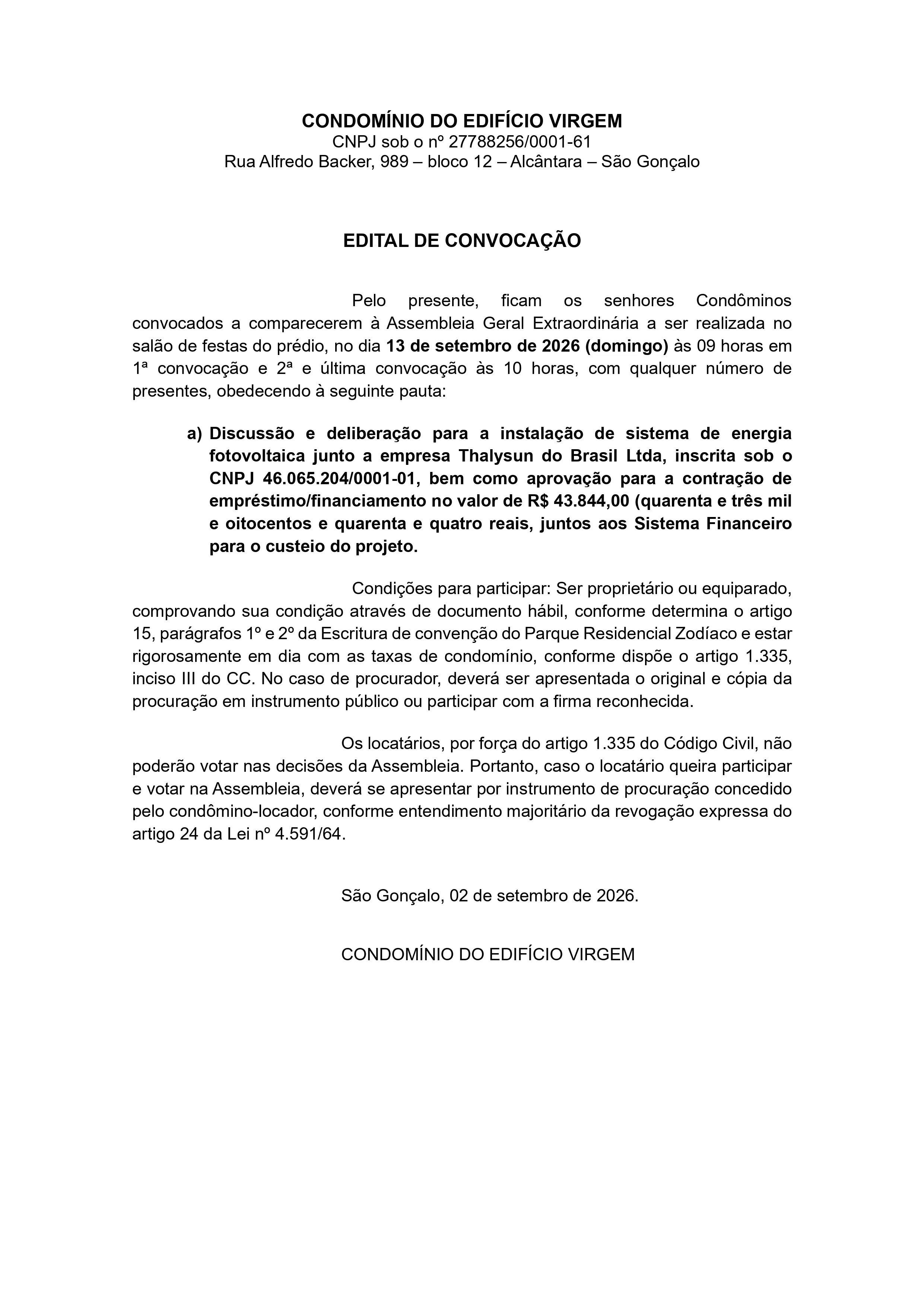 EDITAL DE CONVOCAÇÃO - CONDOMÍNIO DO EDIFÍCIO VIRGEM