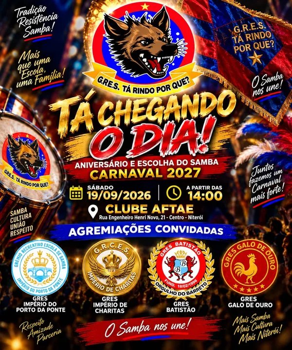 O evento acontecerá no próximo sábado, a partir das 14h, Clube Afatae, com participação de segmentos de várias agremiações convidadas, e desfilantes em Niterói e São Gonçalo