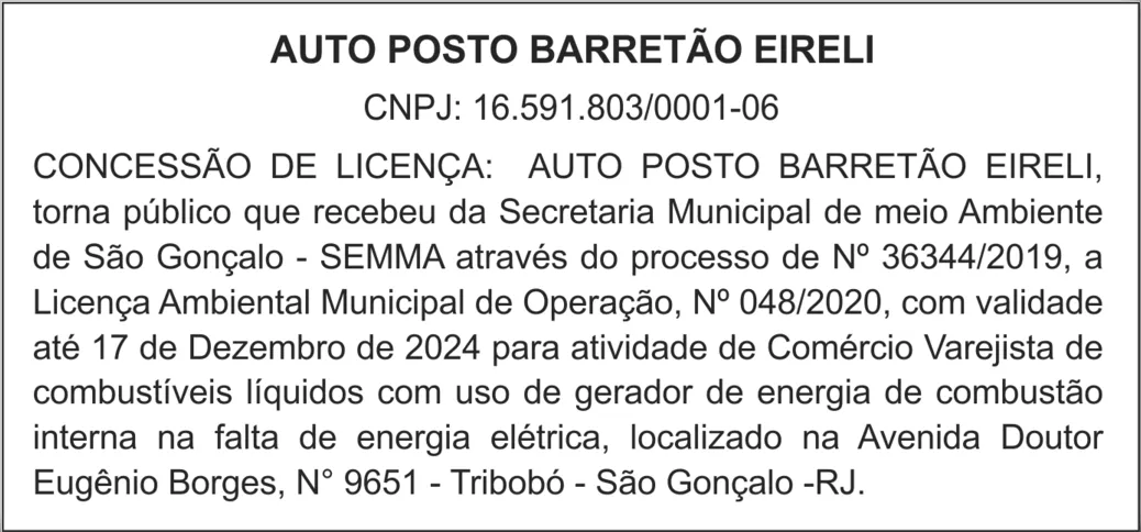 Imagem ilustrativa da imagem CONCESSÃO DE LICENÇA:  AUTO POSTO BARRETÃO EIRELI