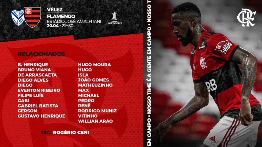 Lista de relacionados do Flamengo para a partida contra o Vélez