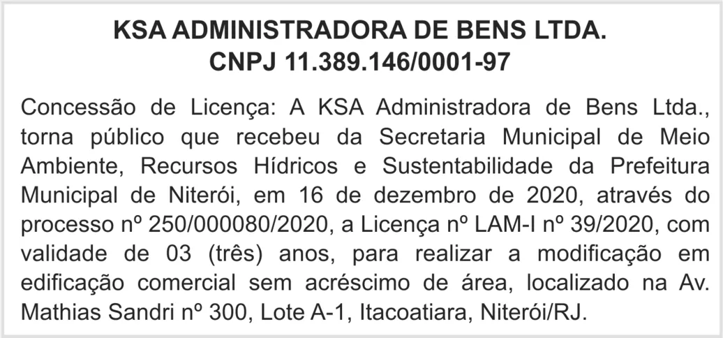 Imagem ilustrativa da imagem CONCESSÃO DE LICENÇA - KSA ADMINISTRADORA