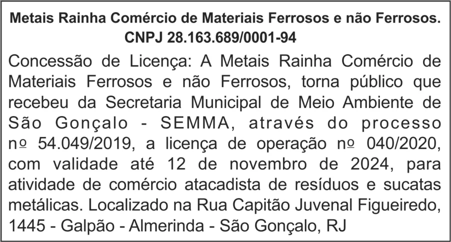 Imagem ilustrativa da imagem Concessão de Licença à Metais Rainha
Materiais Ferrosos e não Ferrosos