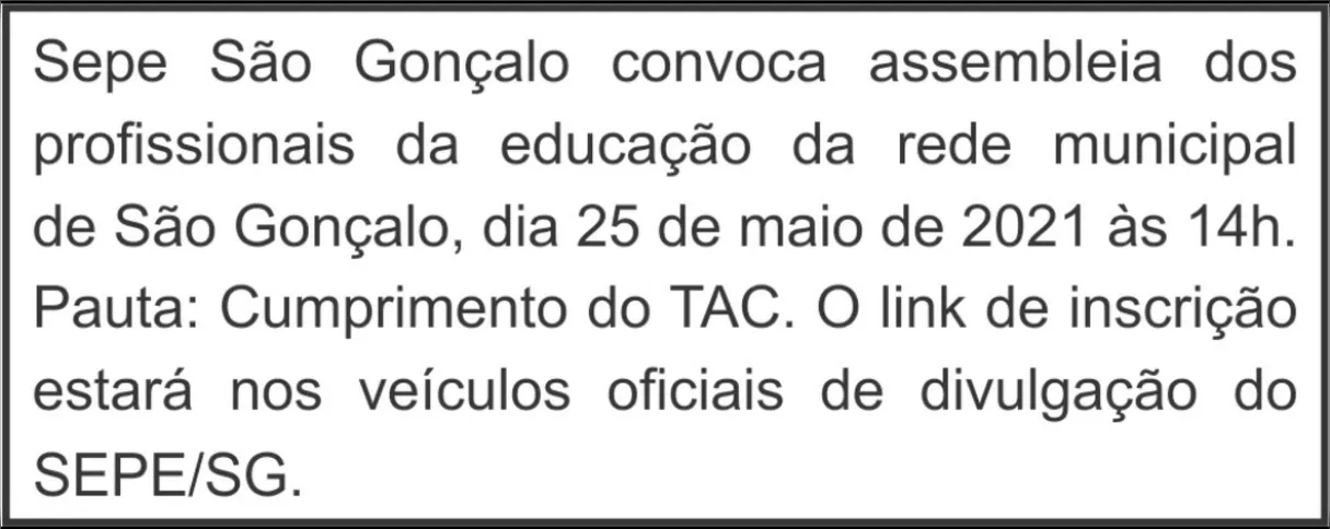 Imagem ilustrativa da imagem SEPE SÃO GONÇALO CONVOCA PROFISSIONAIS DA EDUCAÇÃO