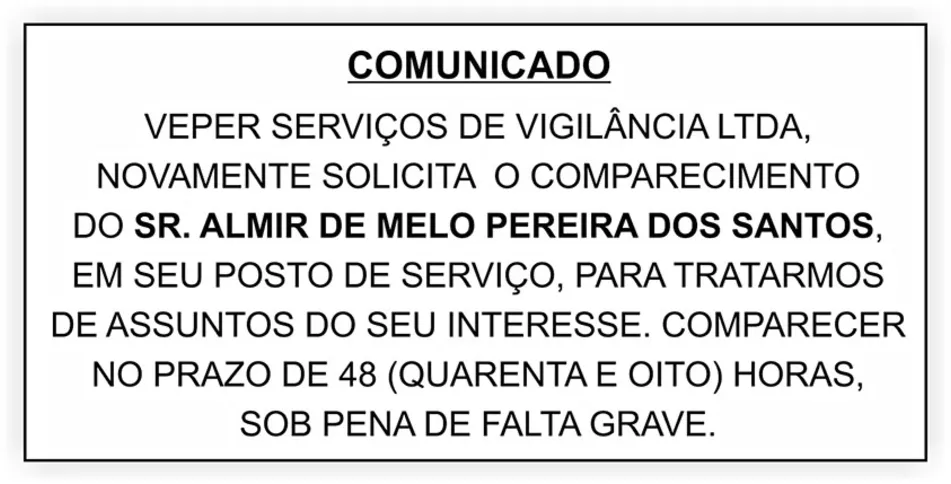Imagem ilustrativa da imagem COMUNICADO AO SR. ALMIR DE MELO PEREIRA DOS SANTOS