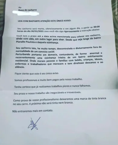 Confira a carta de ameaça de morte ao animal na íntegra!