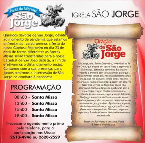 A Igreja de São Jorge vai celebrar o dia do santo na Catedral de São João Batista
