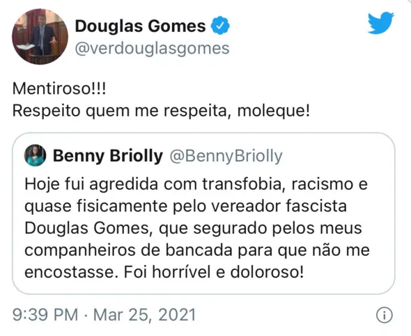 Resposta do vereador no Twitter