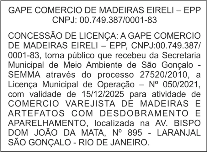 Imagem ilustrativa da imagem CONCESSÃO DE LICENÇA À GAPE COMERCIO DE MADEIRAS