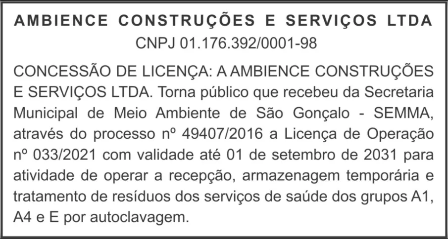 Imagem ilustrativa da imagem CONCESSÃO DE LICENÇA A AMBIENCE  CONSTRUÇÕES