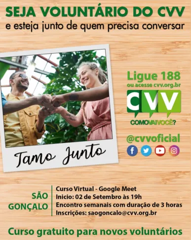 Imagem ilustrativa da imagem Inscrições estão abertas para o curso virtual de voluntários do CVV São Gonçalo