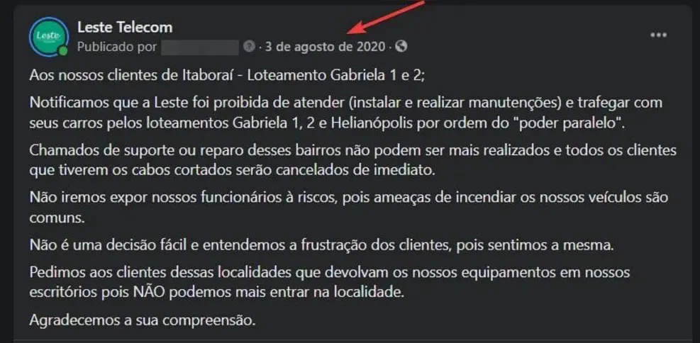 Em 3 de agosto de  2020, em publicação aberta em nossa rede social (página Facebook) narraram o ocorrido, mas nada foi feito pelas autoridades